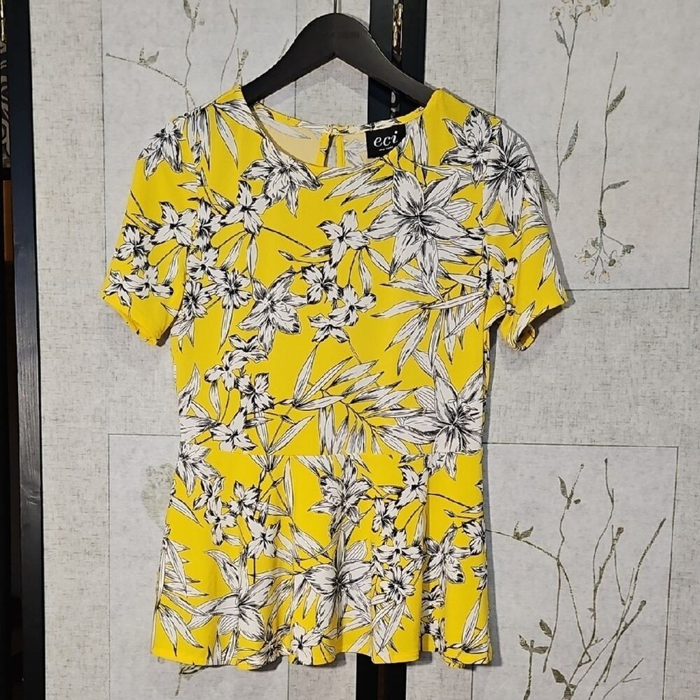 ECI Yellow Peplum Blouse with Floral Print
